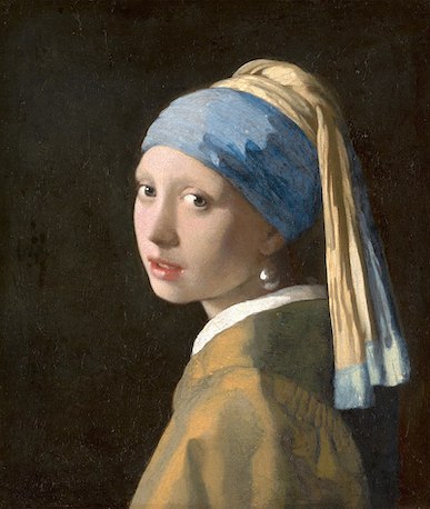 A young woman tilts her head over her shoulder, gazing tenderly toward the viewer with her lips gently parted. A turban covers her hair, leaving only the bottom half of her ear, adorned with a large, glimmering pearl, exposed.