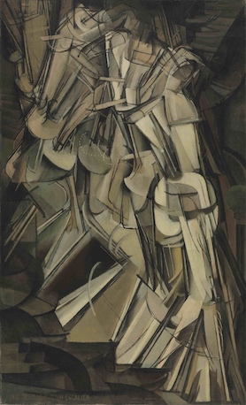 A jumble of rigid sketchy shapes and lines cascade diagonally from the upper left to the lower right, suggesting a female figure in motion. Wispy, curved lines where the figure’s legs are understood to be, indicate a rapid, downward movement.