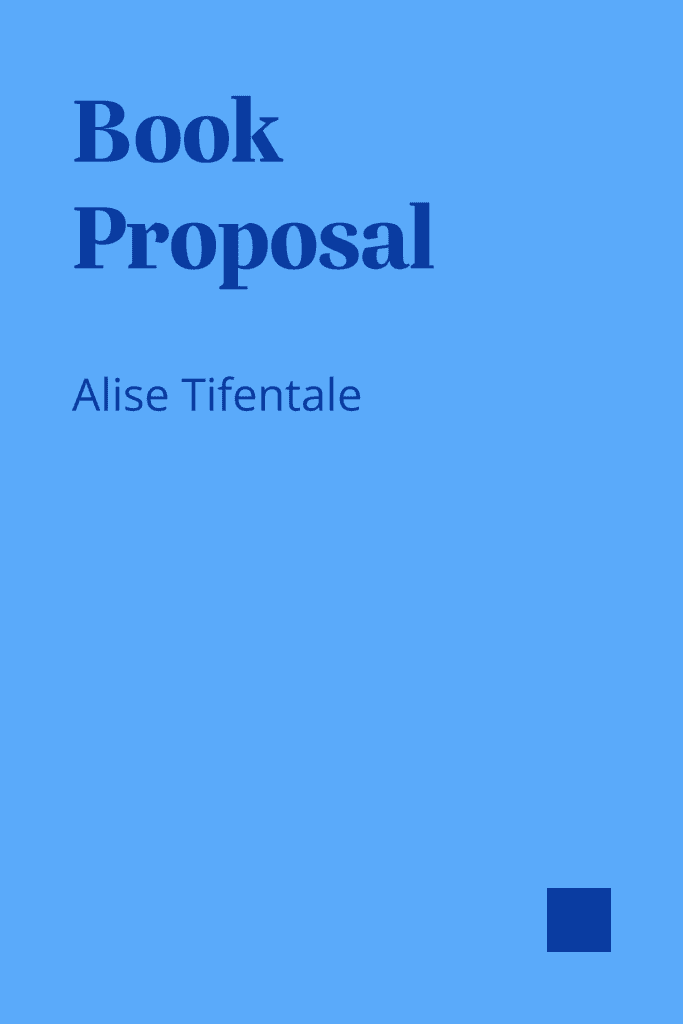 A blue rectangle in the shape of a book cover with "Alise Tifentale, book proposal evaluation" written on the cover