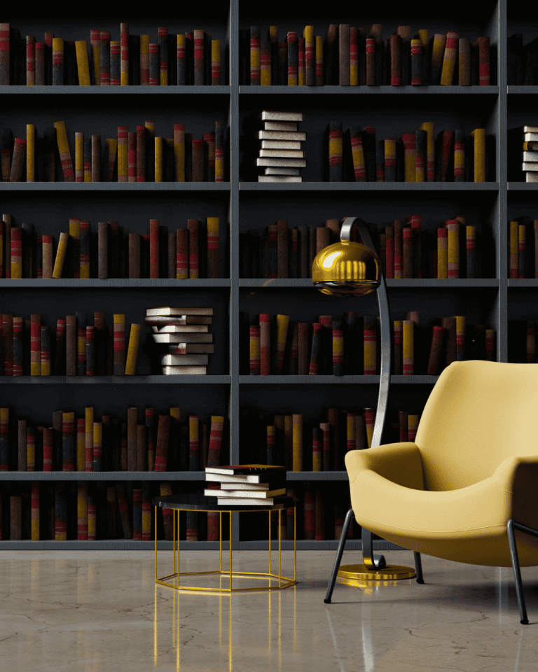 A dark library with a bright yellow chair. Several blocks of books are highlighted in the bookshelves behind, illustrating the types of nonfiction publishers available to readers.