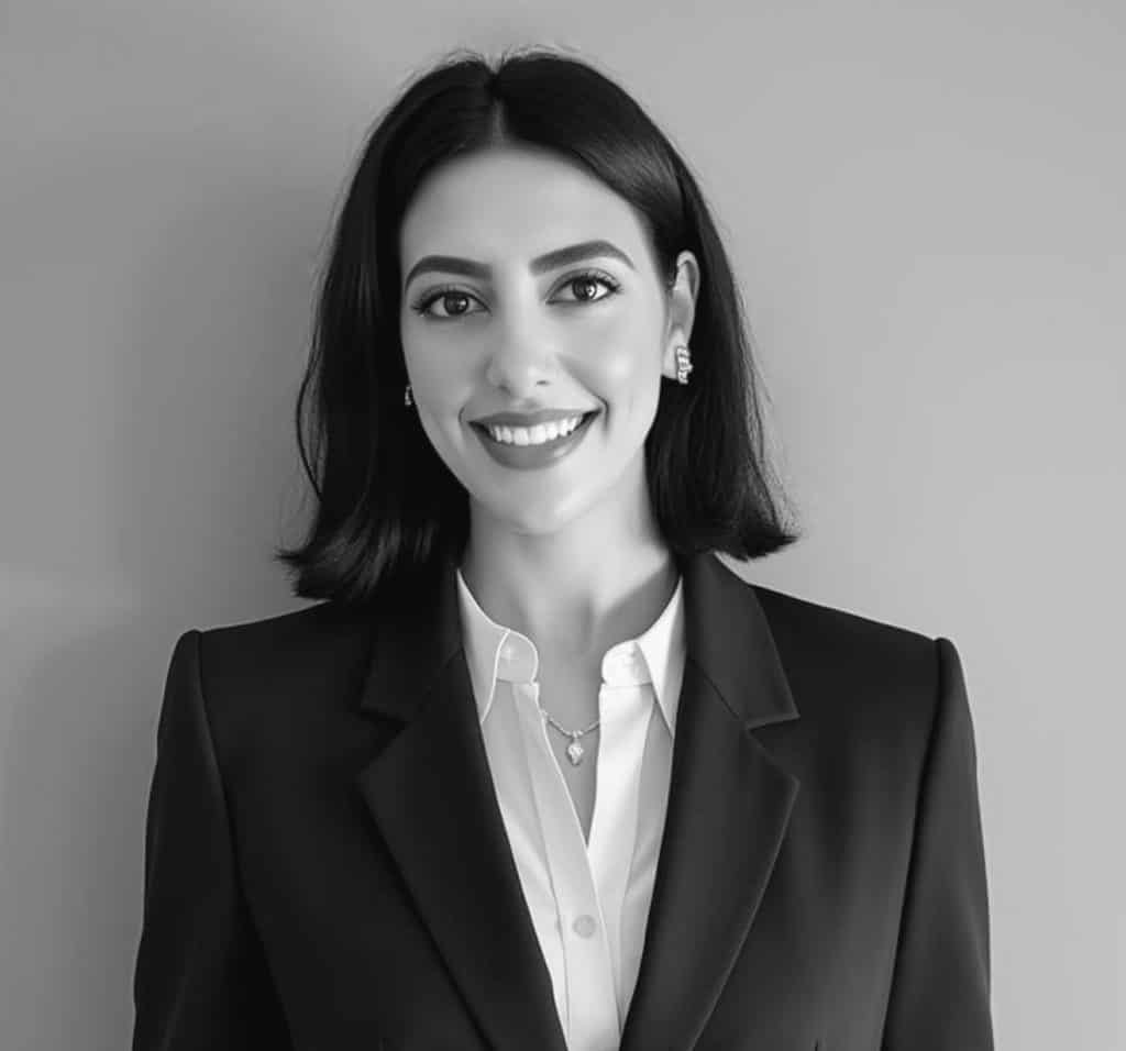 Headshot of a woman with shoulder-length dark hair who provides Arabic copyediting services