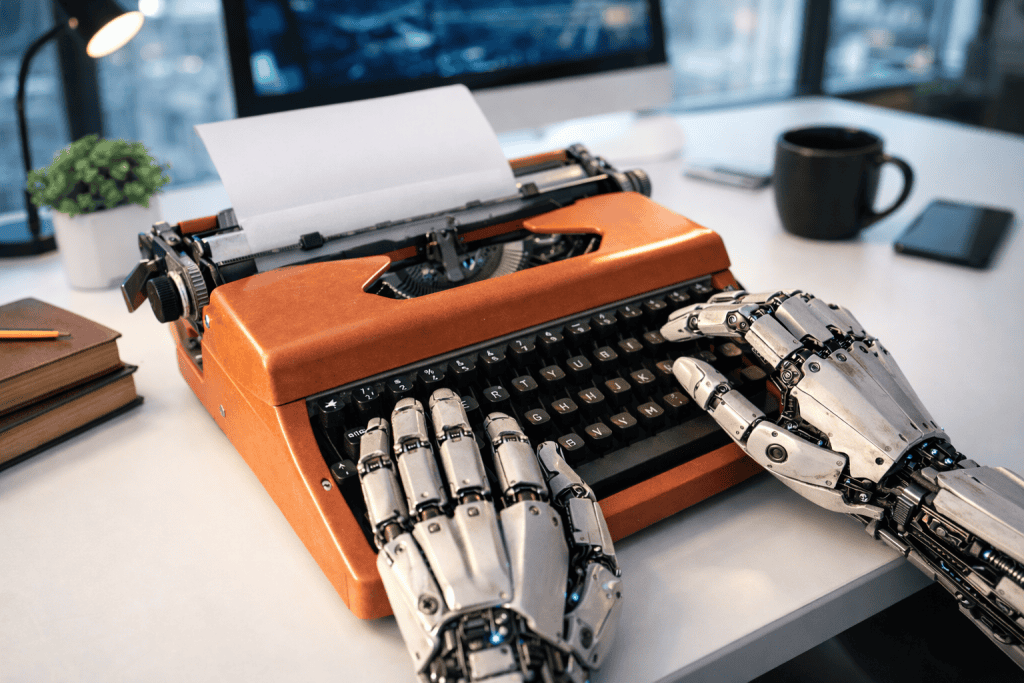 AI robot hands typing a nonfiction book on a typewriter