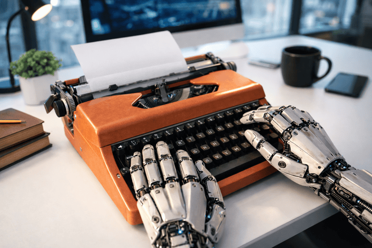 AI robot hands typing a nonfiction book on a typewriter